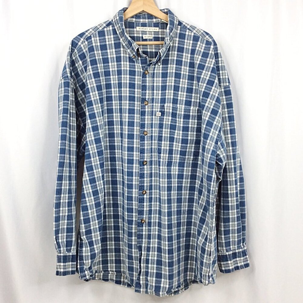 Robert Stock Shirt Mens‎ Size XXL 2XL Blue Plaid Heavy Duty Cotton Button Down